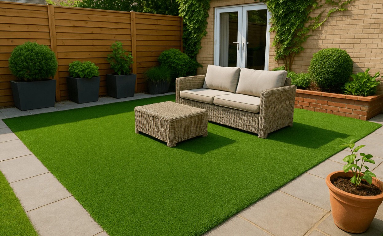 Modern backyard with eco-friendly artificial grass installation in Pittsburg, CA